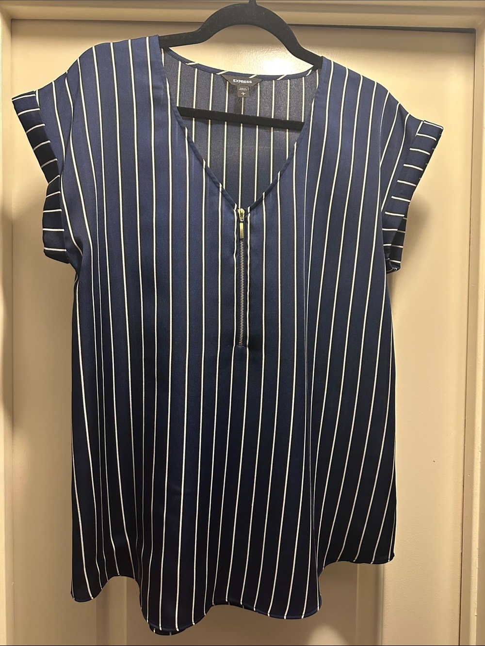 Express Navy and White Vertical Stripe Zip-Front Blouse